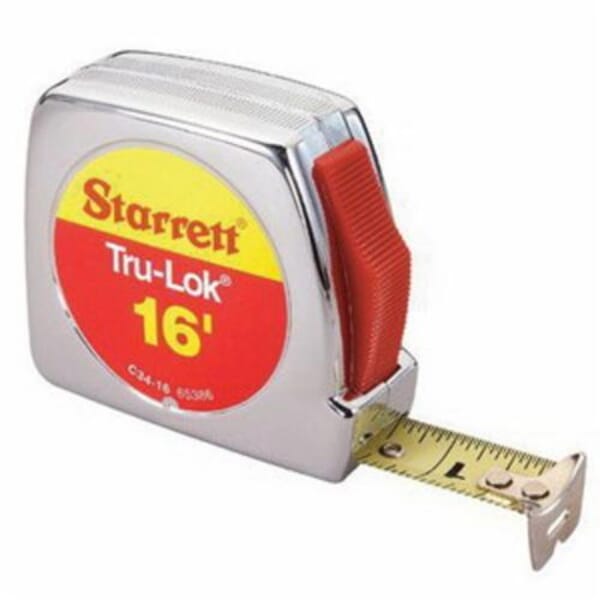Starrett 65746 Tru-Lok 1-Sided Industrial Quality Measuring Tape, 26 ft L x 1 in W Blade, Carbon Steel Blade, Imperial/Metric Measuring System, 1/16ths, 1/32nds, 1/2 in, 3/4 in Wide Blades Graduation