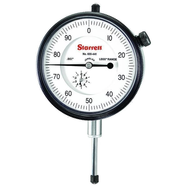 Starrett 655-441J 655 Series AGD Group 3 Dial Indicator, 1 in, 0 to 100 Dial Reading, 0.001 in, 2-3/4 in Dial