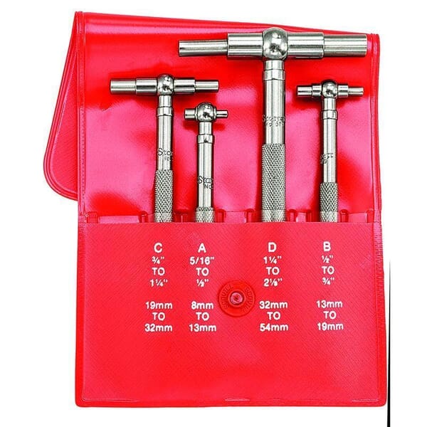 Starrett S579GZ Self-Centering Telescoping Gage Set With Two Telescoping Arms, Satin Chrome, 5/16 to 2-1/8 in Measuring, 4 Pieces, Rigid Handle, Steel