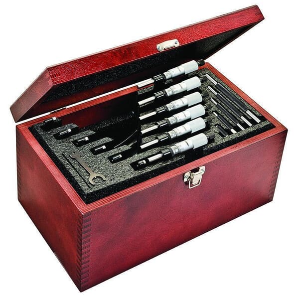 Starrett SV436.1MCXRLZ S436.1M Outside Micrometer Set, 6 Pieces, 0 to 150 mm Range 0.001 mm Graduations, Carbide Tip