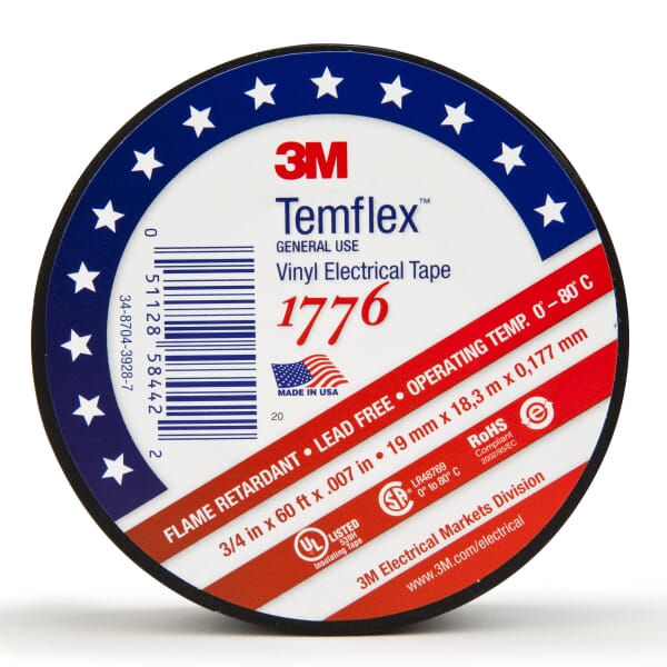 Temflex 7010398066 1776 Tape, 20 yd L 0.75 in W, 7 mil THK, Vinyl, Rubber Adhesive, Black