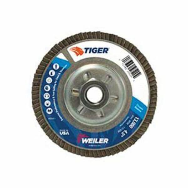 Tiger 50565 Premium Coated Abrasive Flap Disc, 4-1/2 in Dia Disc, 7/8 in Center Hole, 80 Grit, Medium Grade, Aluminum Oxide Abrasive, Type 29/Angled Disc