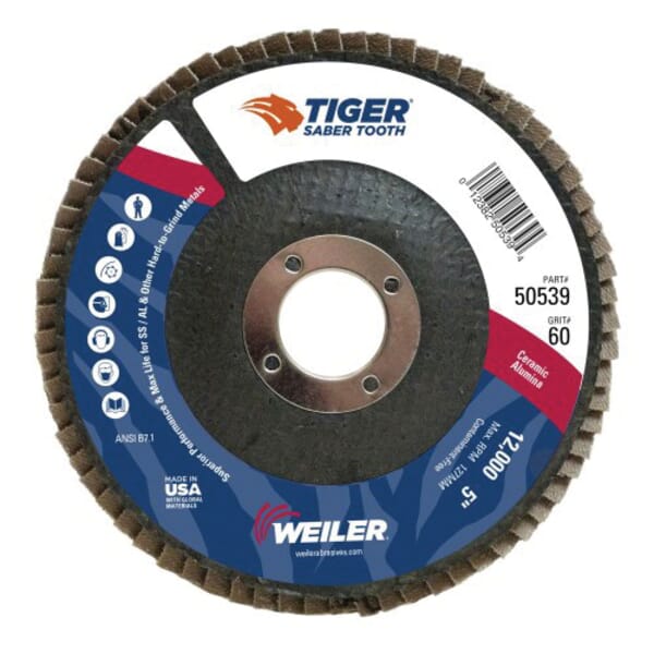 Tiger 50539 Maximum Performance Standard Density Top Coated Abrasive Flap Disc, 5 in Dia Disc, 7/8 in Center Hole, 60 Grit, Coarse Grade, Ceramic Alumina Abrasive, Type 29 Conical Saber Tooth Disc