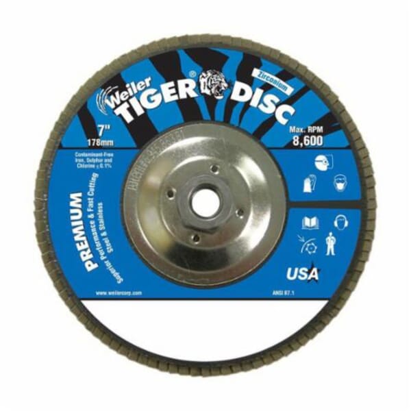 Tiger 50583 Premium Coated Abrasive Flap Disc, 7 in Dia Disc, 7/8 in Center Hole, 40 Grit, Coarse Grade, Aluminum Oxide Abrasive, Type 29/Angled Disc