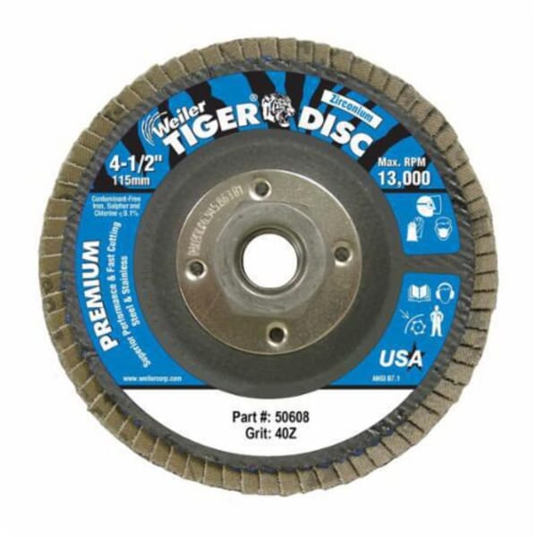 Tiger 50668 Premium Coated Abrasive Flap Disc, 4-1/2 in Dia Disc, 40 Grit, Coarse Grade, Aluminum Oxide Abrasive, Type 27 Flat Disc