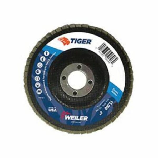 Tiger 50675 Premium Coated Abrasive Flap Disc, 5 in Dia Disc, 7/8 in Center Hole, 80 Grit, Medium Grade, Aluminum Oxide Abrasive, Type 27 Flat Disc