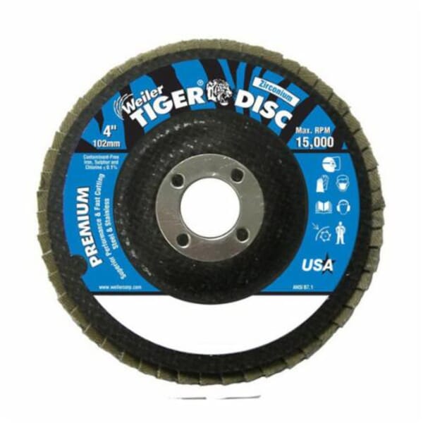 Tiger 50653 Premium Coated Abrasive Flap Disc, 4 in Dia Disc, 5/8 in Center Hole, 40 Grit, Coarse Grade, Aluminum Oxide Abrasive, Type 27 Flat Disc