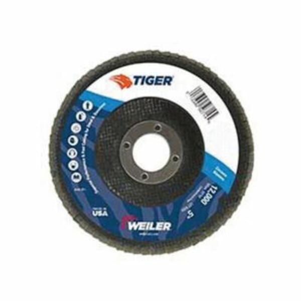Tiger 50715 Premium Coated Abrasive Flap Disc, 5 in Dia Disc, 7/8 in Center Hole, 80 Grit, Medium Grade, Zirconia Alumina Abrasive, Type 27 Flat Disc