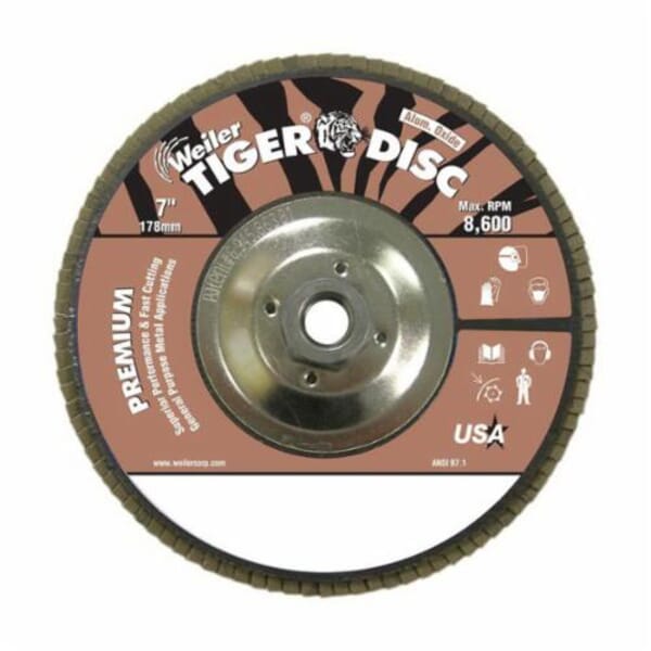 Tiger 50735 Premium Coated Abrasive Flap Disc, 7 in Dia Disc, 80 Grit, Medium Grade, Aluminum Oxide Abrasive, Type 27 Flat Disc