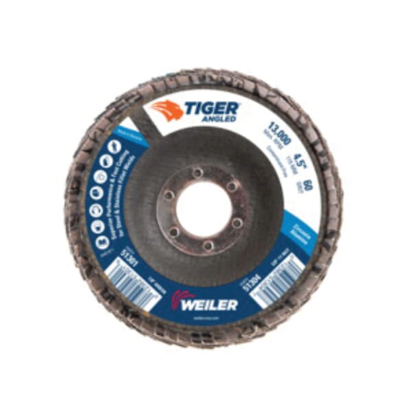 Tiger 51301 Coated Abrasive Flap Disc, 4-1/2 in Dia, 7/8 in Center Hole, 60 Grit, Medium Grade, Zirconia Alumina Abrasive, Type 27/Angled Disc