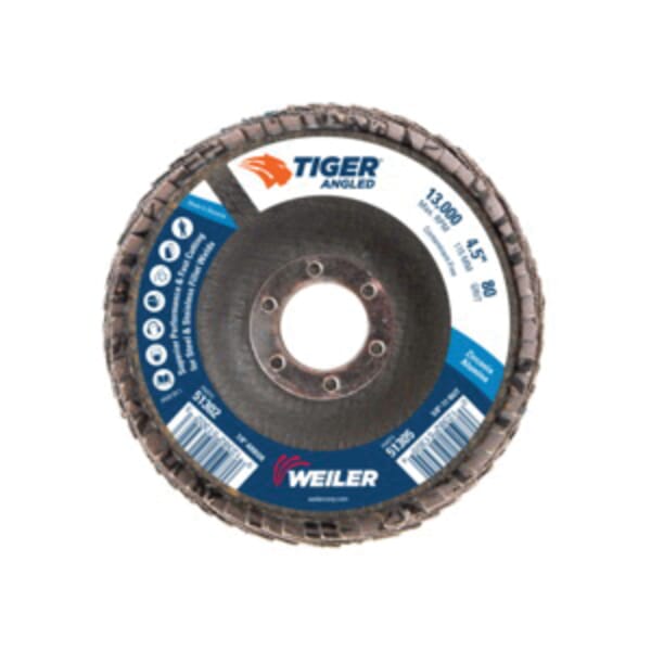 Tiger 51302 Coated Abrasive Flap Disc, 4-1/2 in Dia, 7/8 in Center Hole, 80 Grit, Medium Grade, Zirconia Alumina Abrasive, Type 27/Angled Disc