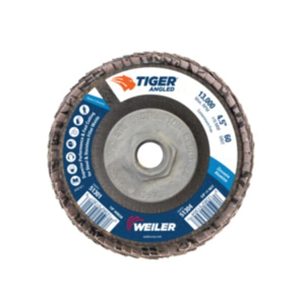 Tiger 51304 Coated Abrasive Flap Disc, 4-1/2 in Dia, 60 Grit, Medium Grade, Zirconia Alumina Abrasive, Type 27/Angled Disc