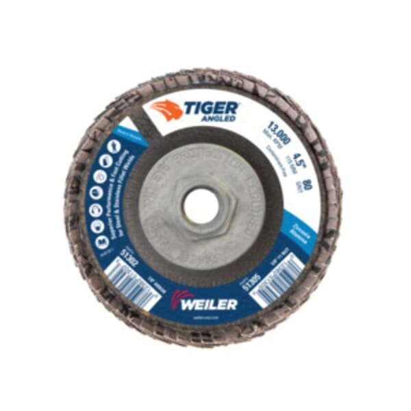 Tiger 51305 Coated Abrasive Flap Disc, 4-1/2 in Dia, 80 Grit, Medium Grade, Zirconia Alumina Abrasive, Type 27/Angled Disc