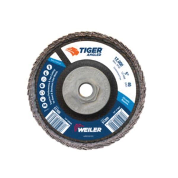 Tiger 51309 Coated Abrasive Flap Disc, 5 in Dia, 40 Grit, Coarse Grade, Zirconia Alumina Abrasive, Type 27/Angled Disc