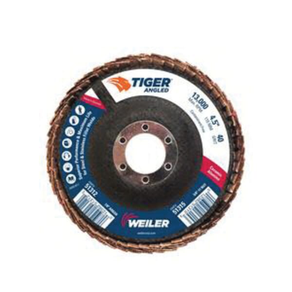 Tiger 51312 Coated Abrasive Flap Disc, 4-1/2 in Dia, 7/8 in Center Hole, 40 Grit, Coarse Grade, Ceramic Alumina Abrasive, Type 27/Angled Disc