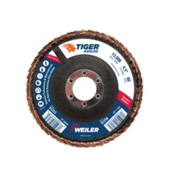 Tiger 51313 Coated Abrasive Flap Disc, 4-1/2 in Dia, 7/8 in Center Hole, 60 Grit, Medium Grade, Ceramic Alumina Abrasive, Type 27/Angled Disc