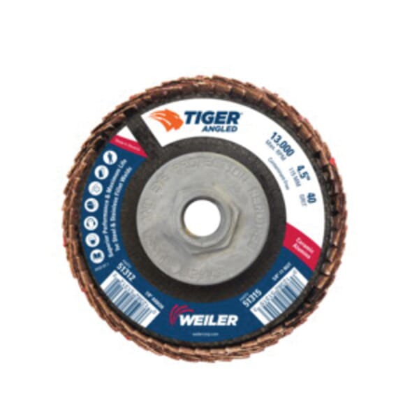 Tiger 51315 Coated Abrasive Flap Disc, 4-1/2 in Dia, 40 Grit, Coarse Grade, Ceramic Alumina Abrasive, Type 27/Angled Disc