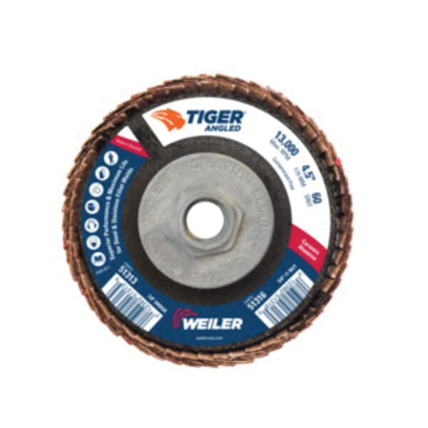 Tiger 51316 Coated Abrasive Flap Disc, 4-1/2 in Dia, 60 Grit, Medium Grade, Ceramic Alumina Abrasive, Type 27/Angled Disc