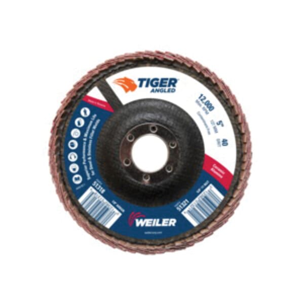 Tiger 51318 Coated Abrasive Flap Disc, 5 in Dia, 7/8 in Center Hole, 40 Grit, Coarse Grade, Ceramic Alumina Abrasive, Type 27/Angled Disc