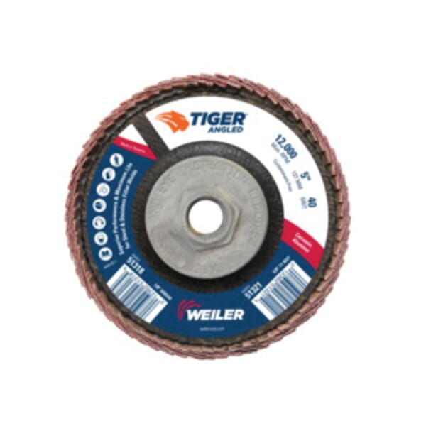 Tiger 51321 Coated Abrasive Flap Disc, 5 in Dia, 40 Grit, Coarse Grade, Ceramic Alumina Abrasive, Type 27/Angled Disc