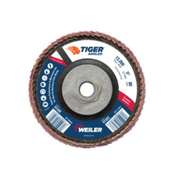 Tiger 51323 Coated Abrasive Flap Disc, 5 in Dia, 80 Grit, Medium Grade, Ceramic Alumina Abrasive, Type 27/Angled Disc