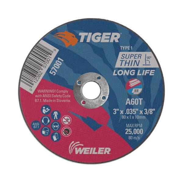 Tiger 57001 Flat Long Life Reinforced Small Thin Cut-Off Wheel, 3 in Dia x 0.035 in THK, 3/8 in Center Hole, A60T Grit, Premium Aluminum Oxide Abrasive