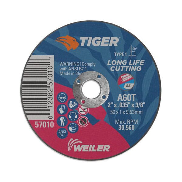 Tiger 57010 Flat Long Life Performance Cut Cutting Wheel, 2 in Dia x 0.035 in THK, 3/8 in Center Hole, 60 Grit, Aluminum Oxide Abrasive
