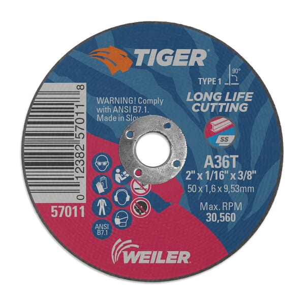 Tiger 57011 Flat Long Life Performance Cut Cutting Wheel, 2 in Dia x 1/16 in THK, 3/8 in Center Hole, 36 Grit, Aluminum Oxide Abrasive