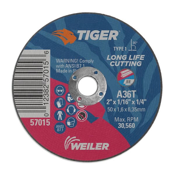 Tiger 57015 Flat Long Life Performance Cut Cutting Wheel, 2 in Dia x 1/16 in THK, 1/4 in Center Hole, 36 Grit, Aluminum Oxide Abrasive