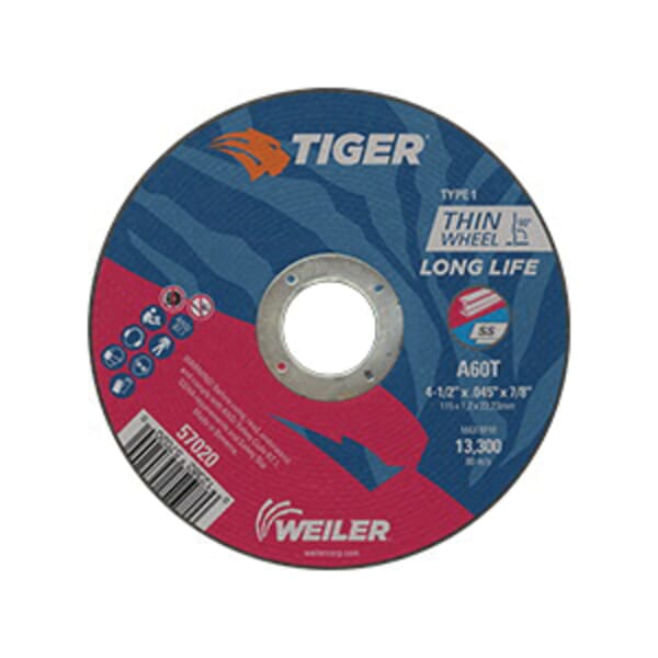 Tiger 57020 Flat Long Life Performance Line Reinforced Small Thin Cut-Off Wheel, 4-1/2 in Dia x 0.045 in THK, 7/8 in Center Hole, A60T Grit, Premium Aluminum Oxide Abrasive