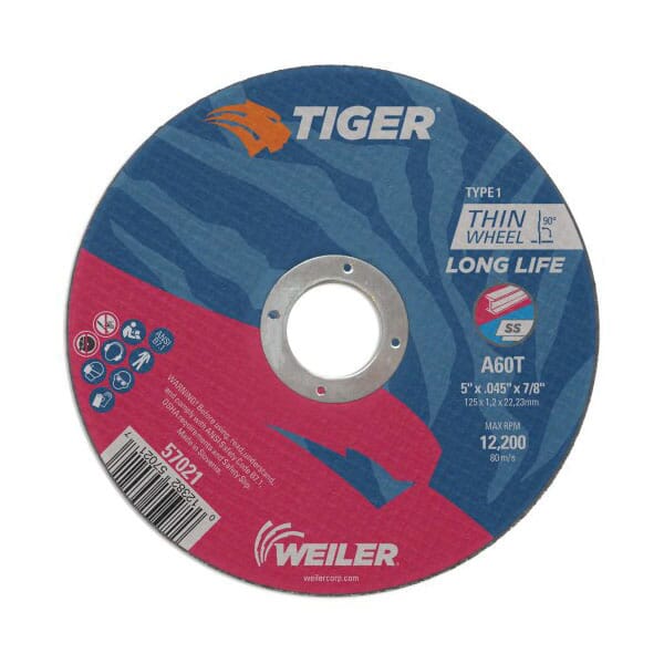 Tiger 57021 Flat Long Life Performance Line Reinforced Small Thin Cut-Off Wheel, 5 in Dia x 0.045 in THK, 7/8 in Center Hole, A60T Grit, Premium Aluminum Oxide Abrasive