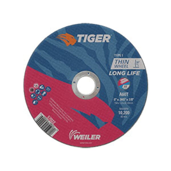 Tiger 57022 Flat Long Life Performance Line Reinforced Small Thin Cut-Off Wheel, 6 in Dia x 0.045 in THK, 7/8 in Center Hole, A60T Grit, Premium Aluminum Oxide Abrasive