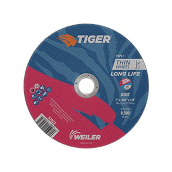 Tiger 57023 Flat Long Life Performance Line Reinforced Small Thin Cut-Off Wheel, 7 in Dia x 0.06 in THK, 7/8 in Center Hole, A60T Grit, Premium Aluminum Oxide Abrasive