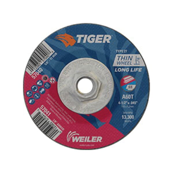 Tiger 57040 Long Life Performance Line Thin Depressed Center Cutting Wheel, 4-1/2 in Dia x 0.045 in THK, 60 Grit, Premium Aluminum Oxide Abrasive