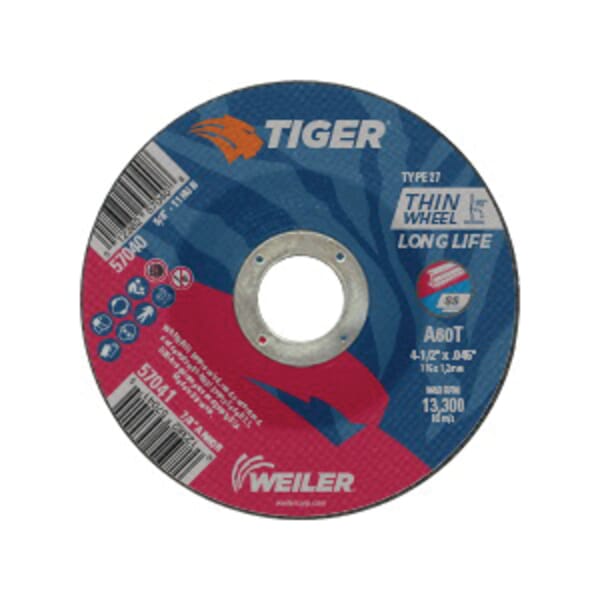 Tiger 57041 Long Life Performance Line Thin Depressed Center Cutting Wheel, 4-1/2 in Dia x 0.045 in THK, 7/8 in Center Hole, 60 Grit, Premium Aluminum Oxide Abrasive