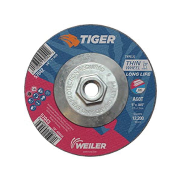 Tiger 57042 Long Life Performance Line Thin Depressed Center Cutting Wheel, 5 in Dia x 0.045 in THK, 60 Grit, Premium Aluminum Oxide Abrasive