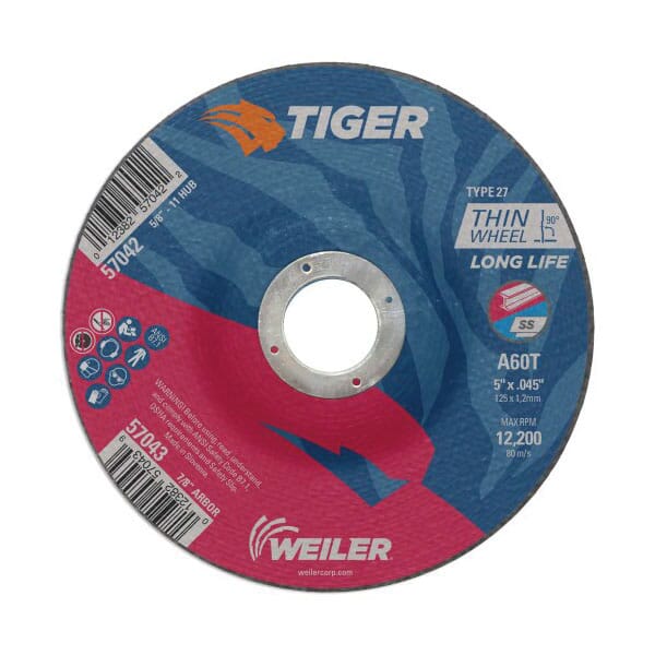 Tiger 57043 Long Life Performance Line Thin Depressed Center Cutting Wheel, 5 in Dia x 0.045 in THK, 7/8 in Center Hole, 60 Grit, Premium Aluminum Oxide Abrasive