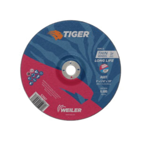 Tiger 57047 Long Life Performance Line Depressed Center Cutting Wheel, 9 in Dia x 1/16 in THK, 7/8 in Center Hole, 60 Grit, Premium Aluminum Oxide Abrasive