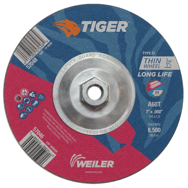 Tiger 57048 Performance Cut Long Life Cutting Wheel, 7 in Dia x 0.06 in THK, 5/8-11 UNC Center Hole, 60 Grit, Aluminum Oxide Abrasive