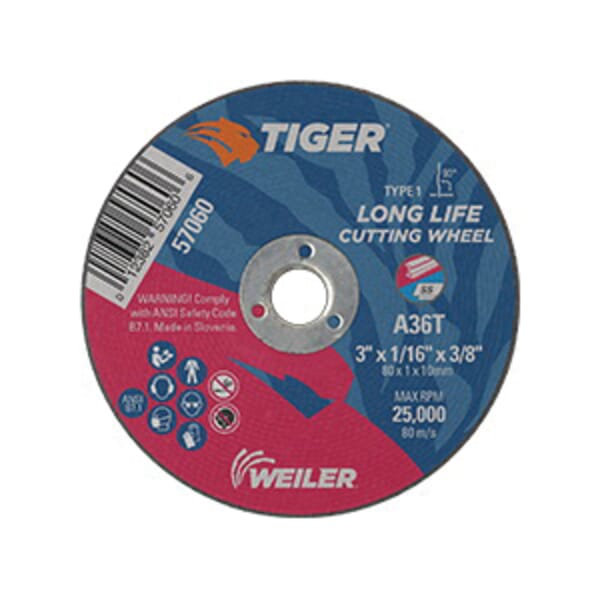 Tiger 57060 Flat Long Life Reinforced Small Cut-Off Wheel, 3 in Dia x 1/16 in THK, 3/8 in Center Hole, A36T Grit, Premium Aluminum Oxide Abrasive