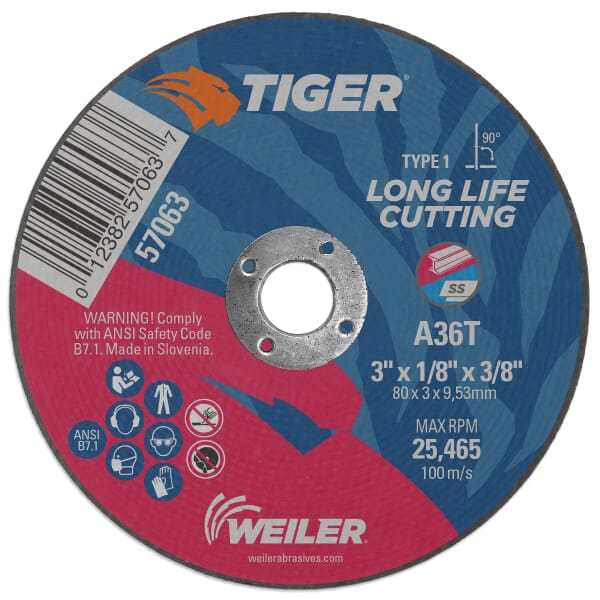 Tiger 57063 Flat Long Life Performance Cut Cutting Wheel, 3 in Dia x 1/8 in THK, 3/8 in Center Hole, 36 Grit, Aluminum Oxide Abrasive
