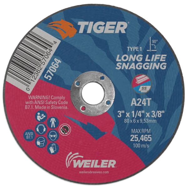 Tiger 57064 Performance Snagging Wheel, 3 in Dia Max, 1/4 in THK, Type 1 Shape