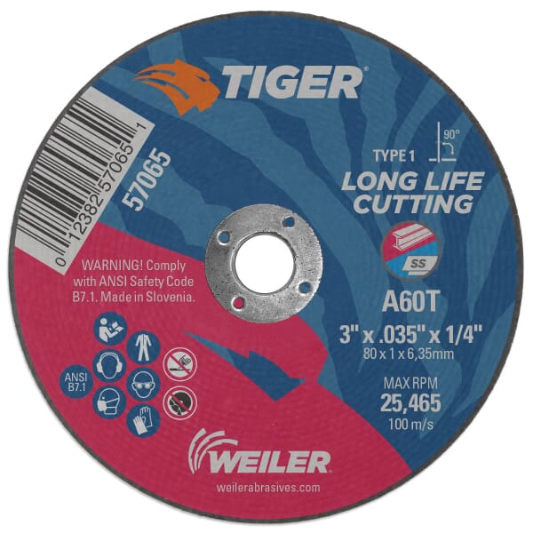 Tiger 57065 Flat Long Life Performance Cut Cutting Wheel, 3 in Dia x 0.035 in THK, 1/4 in Center Hole, 60 Grit, Aluminum Oxide Abrasive
