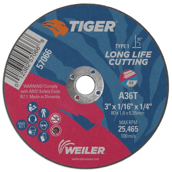 Tiger 57066 Flat Long Life Performance Cut Cutting Wheel, 3 in Dia x 1/16 in THK, 1/4 in Center Hole, 36 Grit, Aluminum Oxide Abrasive