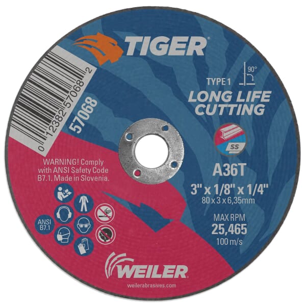 Tiger 57068 Flat Long Life Performance Cut Cutting Wheel, 3 in Dia x 1/8 in THK, 1/4 in Center Hole, 36 Grit, Aluminum Oxide Abrasive