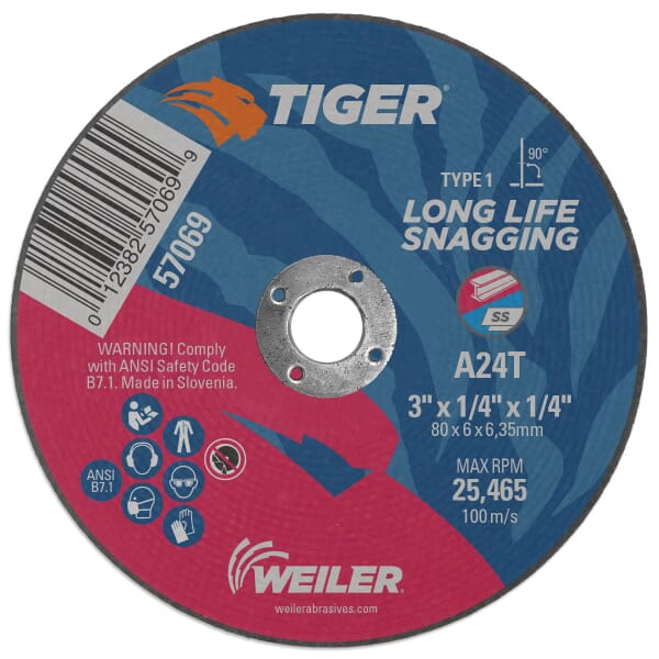 Tiger 57069 Performance Snagging Wheel, 3 in Dia Max, 1/4 in THK, Type 1 Shape