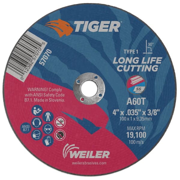 Tiger 57070 Flat Long Life Performance Cut Cutting Wheel, 4 in Dia x 0.035 in THK, 3/8 in Center Hole, 60 Grit, Aluminum Oxide Abrasive