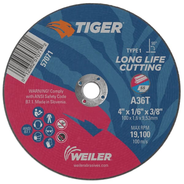Tiger 57071 Flat Long Life Performance Cut Cutting Wheel, 4 in Dia x 1/16 in THK, 3/8 in Center Hole, 36 Grit, Aluminum Oxide Abrasive