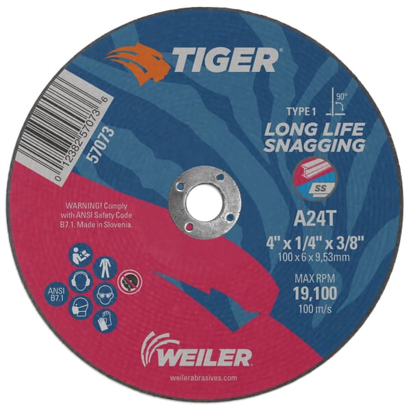 Tiger 57073 Performance Snagging Wheel, 4 in Dia Max, 1/4 in THK, Type 1 Shape