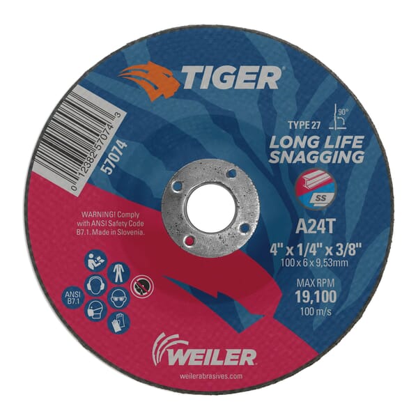 Tiger 57074 Performance Snagging Wheel, 4 in Dia Max, 1/4 in THK, Type 27 Shape